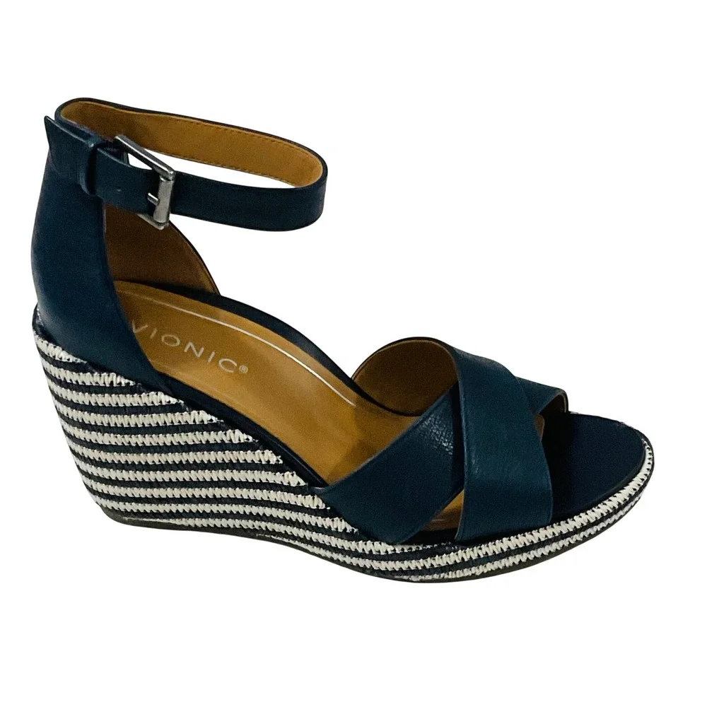 VIONIC Marina womens platform wedge heel sandal navy stripe ankle strap‎ NWT 8